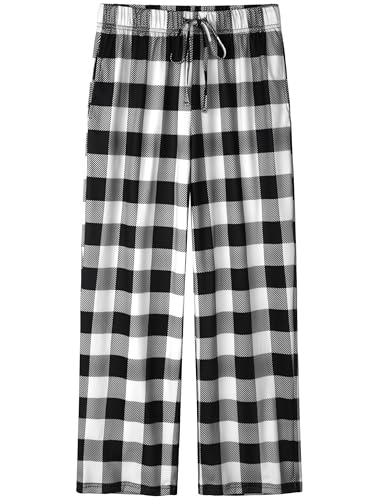 IHU Boys Pajama Pants Soft Kids Plaid Pj Bottom Lounge Pants Sleepwear with Drawsting & Pockets for Boys Girls Clothes Black and White Buffalo Plaid 12-14 Years
