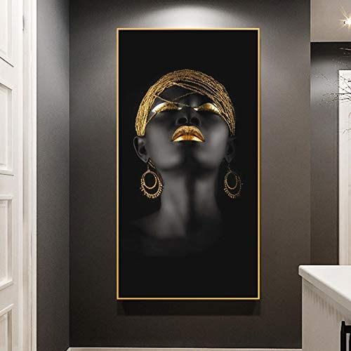 Peinture sur toile art africain femme noire coiffe dorée affiche murale 60x120