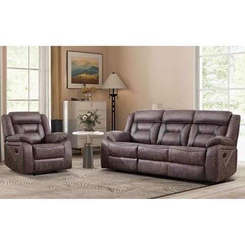 Image of EBELLO Manual Recliner Sofa Set, Faux Leather Reclining Living Room Furniture Set, Included Recliner Chair and 3 Seat Manual Recline Sofa, Grey