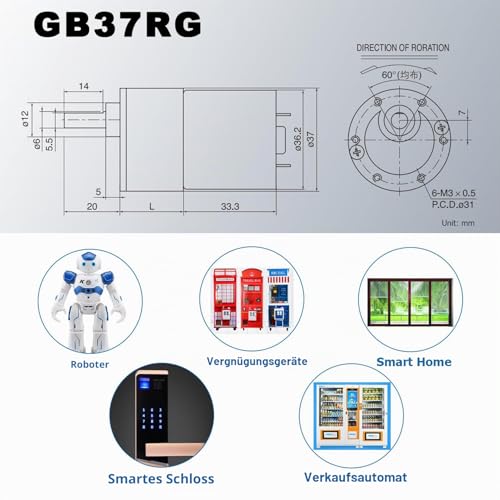 Greartisan DC 24V 100RPM Getriebemotor Hohe Drehmoment Elektrische Mikrodrehzahl Reduktion Getriebemotor Exzentrische Ausgangswelle 37mm Durchmesser Getriebe