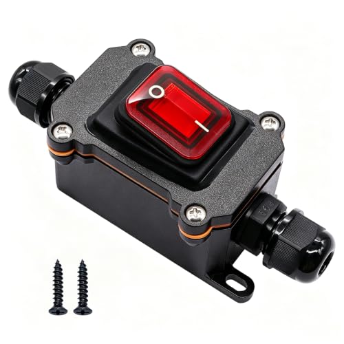 IP67 Waterproof Inline Cord Switch 16A/250V 20A/125V AC DPST 4Pin 2 Position On Off Outdoor Toggle Switch with Red Light Rocker Button,Two-Side Entry &amp; Exit Line