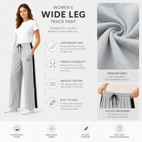 Image of Women's Wide Leg Track Pants | Cotton Blend Relaxed Fit Palazzo Trousers with Elastic Waist & Drawstring | Casual Lounge Wear for Women