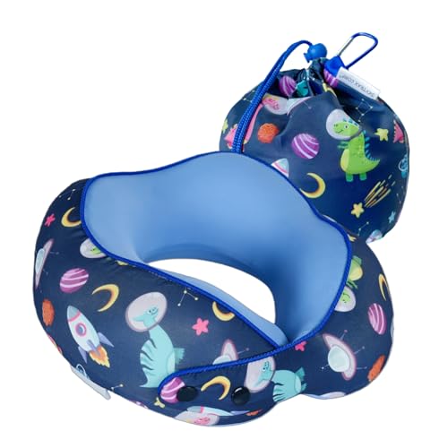 SKYTRAX Certified Kids Safe Memory Foam Travel Neck Pillows for Kids and Toddlers Cute Cartoon Design Car Seat & Airplane Head Neck Support Adjustable Snap Buttons Washable Soft Cover (Dinosaur)