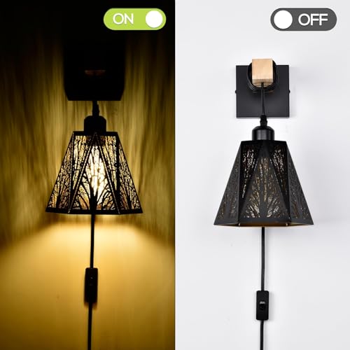Image of Plug in Wall Sconces Set of 2,Forest Tree Black Rustic Wall Sconces,Farmhouse Metal Wall Mounted Lamp,Industrial Wooden Wall Light fixtures Indoor,Wall Lights for Living Room,Bedroom,Bedside