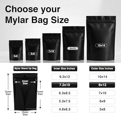 Image of BELLE KR 100pcs 2 Quart Black Mylar Bags with Gusseted Bottom - Extra Thick 4.72 Mil - 8 inchx12 inch Resealable Stand Up Mylar Ziplock Bags with Label Stickers