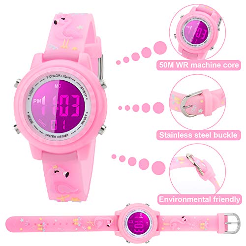 Kids Watch for Boys Girls Flamingo 3D Cute Cartoon Toddler Watch Digital Silicone Band Alarm Stopwatch Digital Child Wristwatch 50M Waterproof Pink4