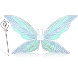 Jenaai 2 Pcs Fairy Wings Costume Accessories for Adult Women with Wand for Party Butterfly Cosplay(White)