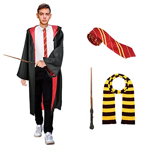 DOCHKA Zauberer Kostüm Erwachsene, Zauberer Umhang, Zauberer Cosplay Kostüm Set, Zauberer Cosplay Kostüm mit Umhang, Zauberstab, Krawatte, Schal , für Halloween/Karneval/Party/Cosplay/Geburtstag Cover