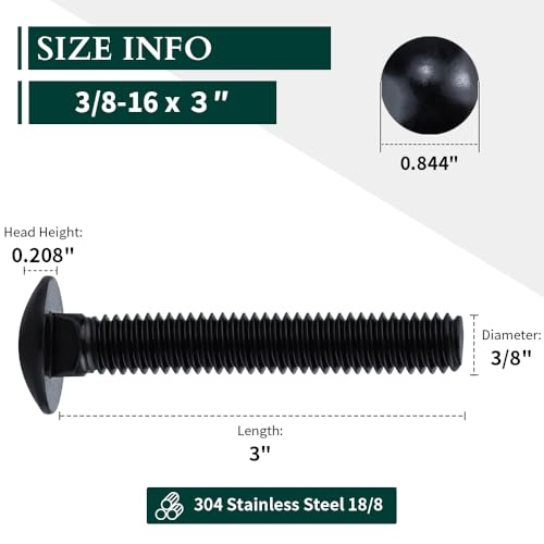 Image of 3 /8-16 x 3 Black Steel Carriage Bolts, 304 Stainless Steel 18-8, Round Domed Head Square Neck Carriage Bolts Screws, Coarse Thread UNC, 10 PCS