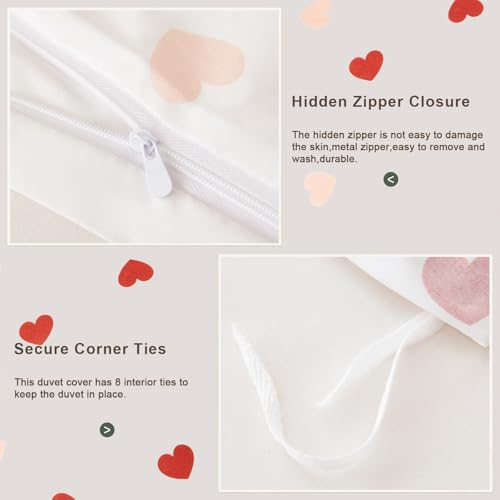 Image of Heart Duvet Cover Set Queen Size,White Pink Red Heart Pattern Bedding Duvet Cover Girls with Zipper Closure,Breathable Microfiber Comforter Cover 90 inchx90 inch and 2 Pillowcases 20 inchx30 inch