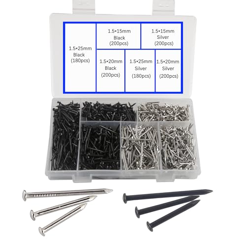 Image of newlng 1160pcs Small Nails Assortment 1.5mm Thick Black & Silver DIY Nails for Wood Tiny Nail for String Art Wood Crafts Jewelry Box Decorations 1.5 x15mm 1.5 x 20mm 1.5x25mm