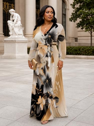 Image of PinkPatty Women's Long Sleeve Maxi Dress Plus Size Trendy Wedding Guest Wrap Dress with Pockets&Belt