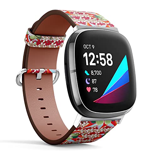 CJBROES Replacement Leather Watch Band, Compatible with Fitbit Versa 3 and Fitbit Sense of Wristband Bracelet Accessory - Floral Vintage Brown