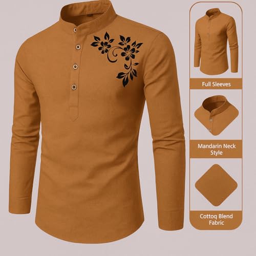 Image of DEELMO Men's Full Sleeve Short Kurta Shirt with a Trendy Mandarin Collar Crafted from a Premium Cotton Blend for Comfort Ideal for Casual and Semi-Formal Occasions