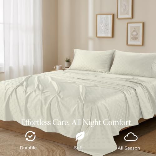 Image of Threadmill 300 Thread Count Cotton Twin XL Sheet Set, Sateen, Damask, Ivory