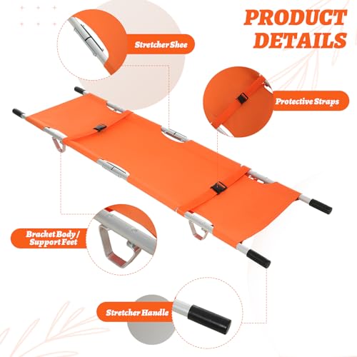Image of TrelaCo Folding Stretcher 81 x 21.3 x 5.4 Inch Aluminum Alloy Collapsible Gurney Emergency Portable Stretcher with Heavy Duty Handles Rubber Feet for Ambulance Patient Transport, Orange