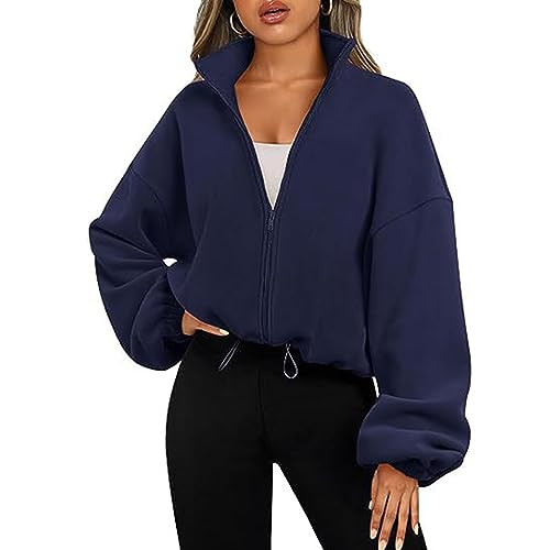 LXJLXD Sudaderas con capucha de forro polar con cremallera para mujer, ropa Y2K, abrigo de otoño para adolescentes, chaquetas casuales con cordón, trajes de otoño, azul marino
