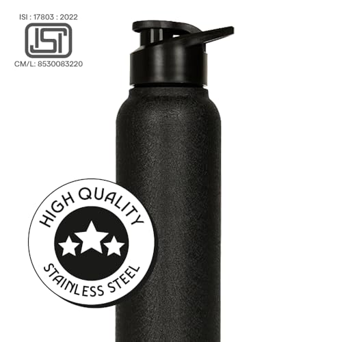 Image of Borosil 1 L Cosmo Black Stainless Steel Water Bottle | ISI Certified Made in India Single Wall, Wide Mouth, Leakproof | Powder Coated, Fridge Safe | 1 Year Warranty