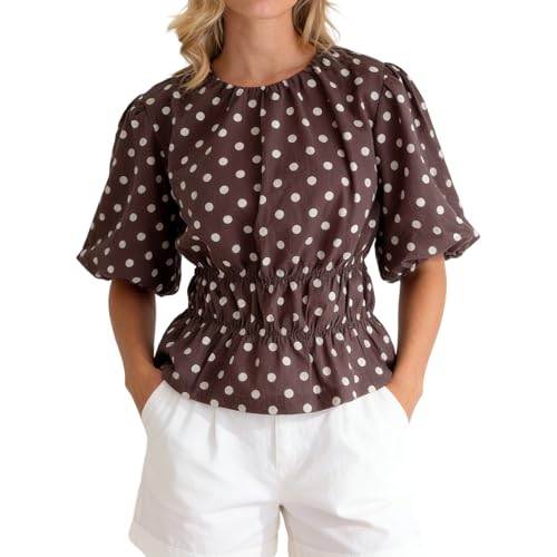 Image of Muspeczenith Women Y2K Polka Dot Peplum Tops Puff Short Sleeve Babydoll Blouse Smocked Cinched Waist Shirt Vintage Streetwear (Dark Brown, L)