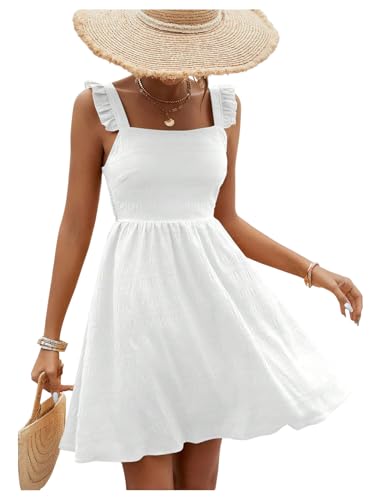 SweatyRocks Women's Ruffle A Line Short Dress Sleeveless Smocked Textured Vacation Flowy Dresses