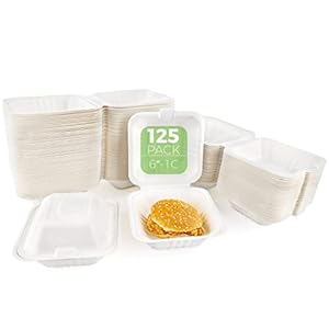6 inch-125 Pack, 1-Compartment Compostable Clamshell Take Out Food, Disposable Clamshell, Heavy-Duty Bagasse To-Go Containers, Eco Friendly, Biodegradable Made of Sugar Cane Fibers
