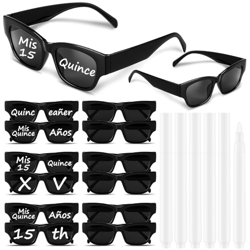 Relaxweex Quinceañera Party Favors 12 Pcs Personalized Rectangle Sunglasses with 6 Pcs White Watercolor Pens Mis Xv 15th Birthday Supplies for DIY Artículos Para Fiesta De Quinceañera Party Gifts