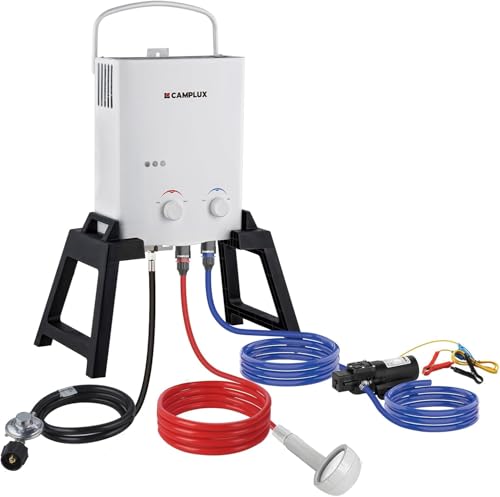 CAMPLUX Outdoor Portable Propane Caming Water Heater 1.32 GPM with Pump Pack Kits Freestanding Stand & Carry Bag AY132Max White