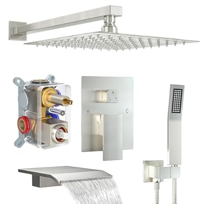 Fatspas Shower System with Tub Spout, Wall Mounted Shower Faucet Set for Bathroom with 12 Inch Rain Shower Head and Handheld Shower Head Set, Brushed Nickel