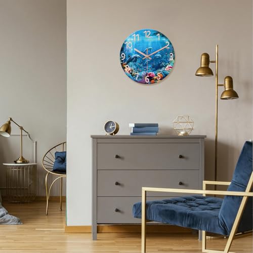 Image of XFM Blue Ocean Wall Clock 12 Inch Beach Themed Dolphin | Battery Operated Tropical Nautical Modern Glass Decorative for Living Room Bedroom Kitchen Office Silent Non Ticking