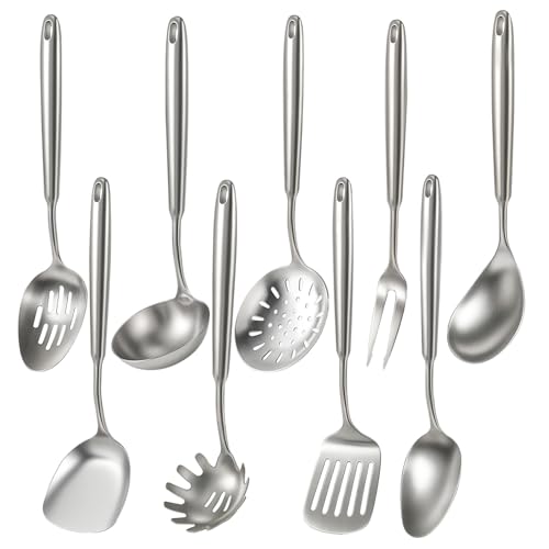 Image of Newness 9 Pcs Cooking Utensils Set, 304 Stainless Steel Kitchen Utensils Set, Metal Kitchen Accessories, Include Soup Ladle, Slotted Skimmer Spoon, Spaghetti Spoon and Spatula, Dishwasher Safe (Short)
