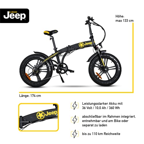 Jeep-Fold-Fat-E-Bike-FR-7020-Faltbares-E-Fatbike-20-Zoll-mit-7-Gang-Shimano-Kettenschaltung-Federgabel-250W-Heckmotor-Leistungsstarker-36V-Akku-bis-110-km-Reichweite-StVZO-Zulassung-Schwarz