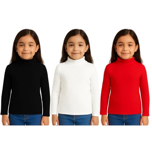 Image of Girls Winter High Neck Sweater Pack of 3 - Full Sleeve Ribbed Pullover for Kids | Warm & Stretchable Turtleneck Tops