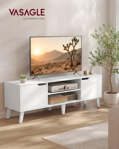 Image of VASAGLE TV Stand for 65'' TV, Entertainment Center with Adjustable Shelf | 58'' Long Media Console for Living Room, Mid-Century Modern TV Table with Storage, White, MIRANTA Collection ULTV556W101S