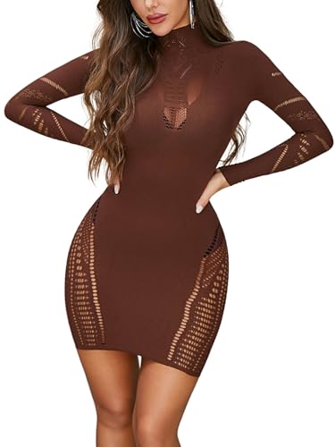Image of AVZXSA Women's 2025 Sexy Club Mini Dress Lace Babydoll High Neck Long Sleeve Cutout Short Bodycon Dresses