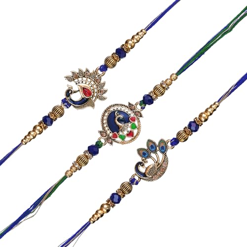 Image of eCraftIndia Set of 3 Peacock Designer Rakhis, Best Bro Ever Fridge Magnet with Roli Chawal Pack - Rakhis for Brother, Bhabhi, Kids