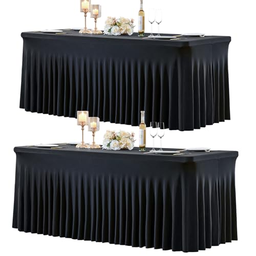gogoparti 2 Pack Spandex Black Fitted Table Cloth for 8ft Rectangle Tables Black Stretch Tablecloth Table Covers Skirt Banquet Wrinkle Free Tablecloths for Parties Wedding