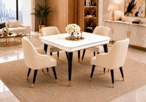 Image of WOODEN SPACE 4 Seater Wooden Dining Table Set | Urban Marble Top Dining Table with Chairs for Dining Room & Kitchen (Modern Zyro Beige) (42 x 42 x 30 inch)