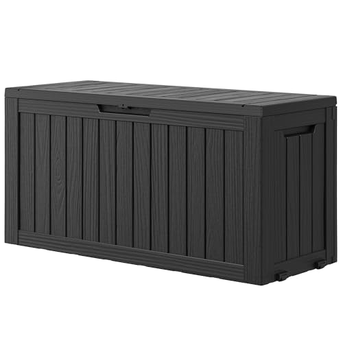 KAMABOKO Deck Box, 75 Gallon Resin Indoor and Outdoor Storage Boxes Waterproof for Garden Tools, Pool Accessories Storage Bench, Patio Furniture and Cushions with Lockable Lid, Black