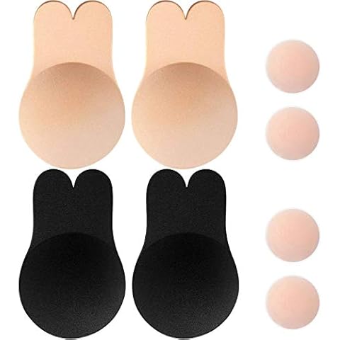 Memoryee Women's Push Up Adhesive Silicone Invisible Rabbit Bra Reusable Lifting Bra Cups Nipple Cover/Beige+Black-2Pair/L(C/D Cup) Cover