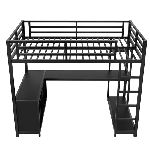Image of Bellemave Twin loft Bed with L Desk, Wardrobe, Metal Twin Loft Bed Frame for Adults, Kids, Teens, Black