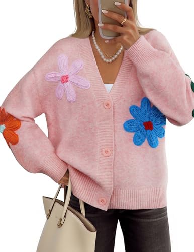 ZESICA Womens Fall Floral Cardigan Sweaters 2026 Casual Long Sleeve Open Front Button Down V Neck Knit Sweater
