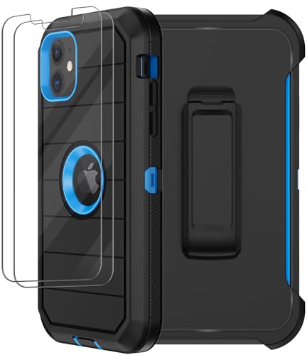 for iPhone 11 Case with Belt Clip Holster 2 x Screen Protector [Military Grade] Heavy Duty Full Body Shockproof Dust-Proof Drop Proof Rugged Protective Cover for Apple iPhone 11 (Black Blue B)