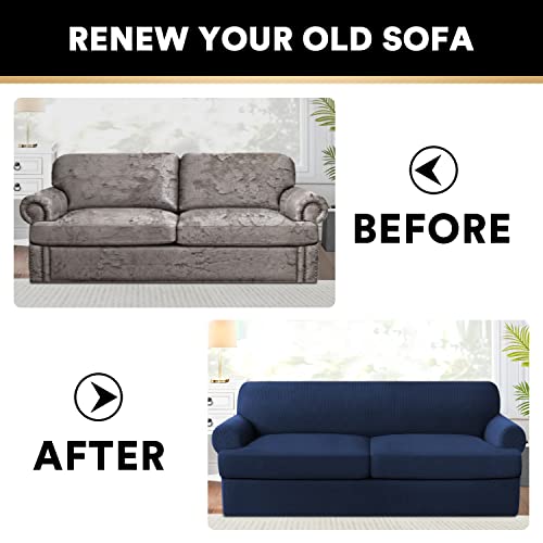 PrinceDeco T Cushion Sofa Slipcover 3 Pieces Sofa Covers for T Cushion Couch Soft Couch Cover Sofa Slip Covers Furniture Covers with 2 Individual T Shape Seat Cover Width Up to 88", Navy - Thumbnail 6