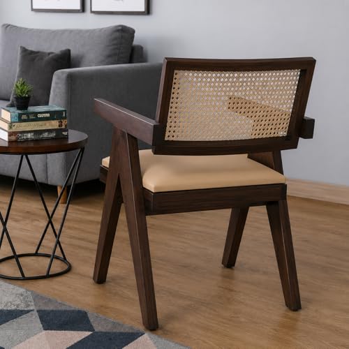 Image of Solid Wood Arm Chair with Cushion and Cane Back Support Chair Living Room Bedroom Home Wooden Armchair Furniture Garden Balcony Outdoor & Indoor (Walnut Finish)