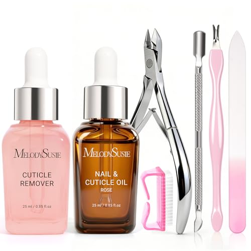 Image of MelodySusie Cuticle Remover Kit,25ML Cuticle Remover Cream and Rose Cuticle Oil,Cuticle Nipper Trimmer Pusher,Nail File and Brush for Cuticle Softener & Moisturize Manicure Kit for Nail Care