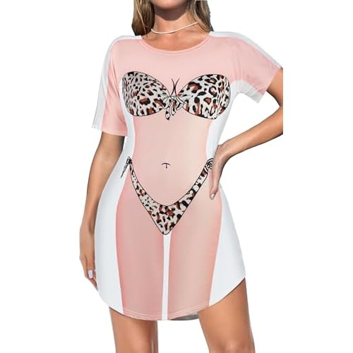 elescat Women's Beach Cover Up Bikini Printed Short Sleeve Tshirt Dress Baggy Cute Coverups Small Leopard Pattern