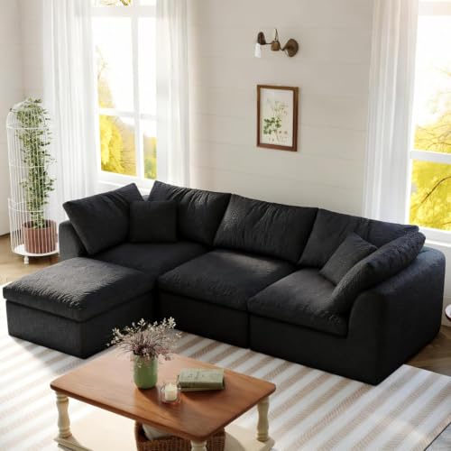 Image of Selyteramy 108" Cloud Sectional Couches for Living Room, 3 Seater Modern Modular Sectional Sofa, Convertible L-Shape Couch with Movable Ottoman, No Assembly Required (Black)