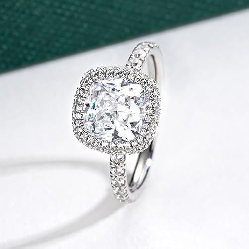 DJCREATION-US 2.00Ct Cushion Cut Lab Created Diamond Halo Engagement Ring, 14K White Gold Plated 925 Sterling Silver