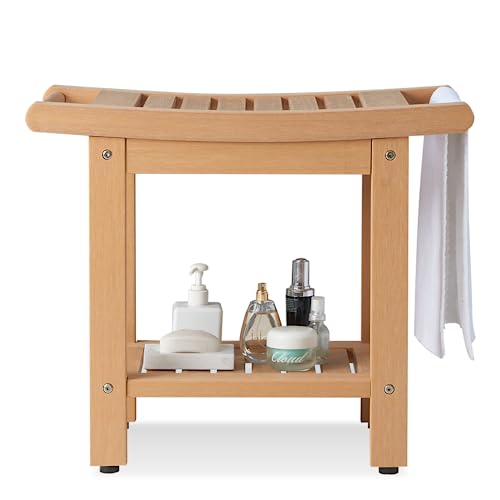 ACUEL Banco de ducha, taburete de ducha de madera de polietileno con asas, estante de almacenamiento, asiento de spa para baño interior de ducha (color teca)