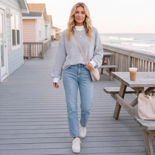 Mock Neck Sweatshirt for Women Striped Oversized Long Sleev Casual Pullover - image 2